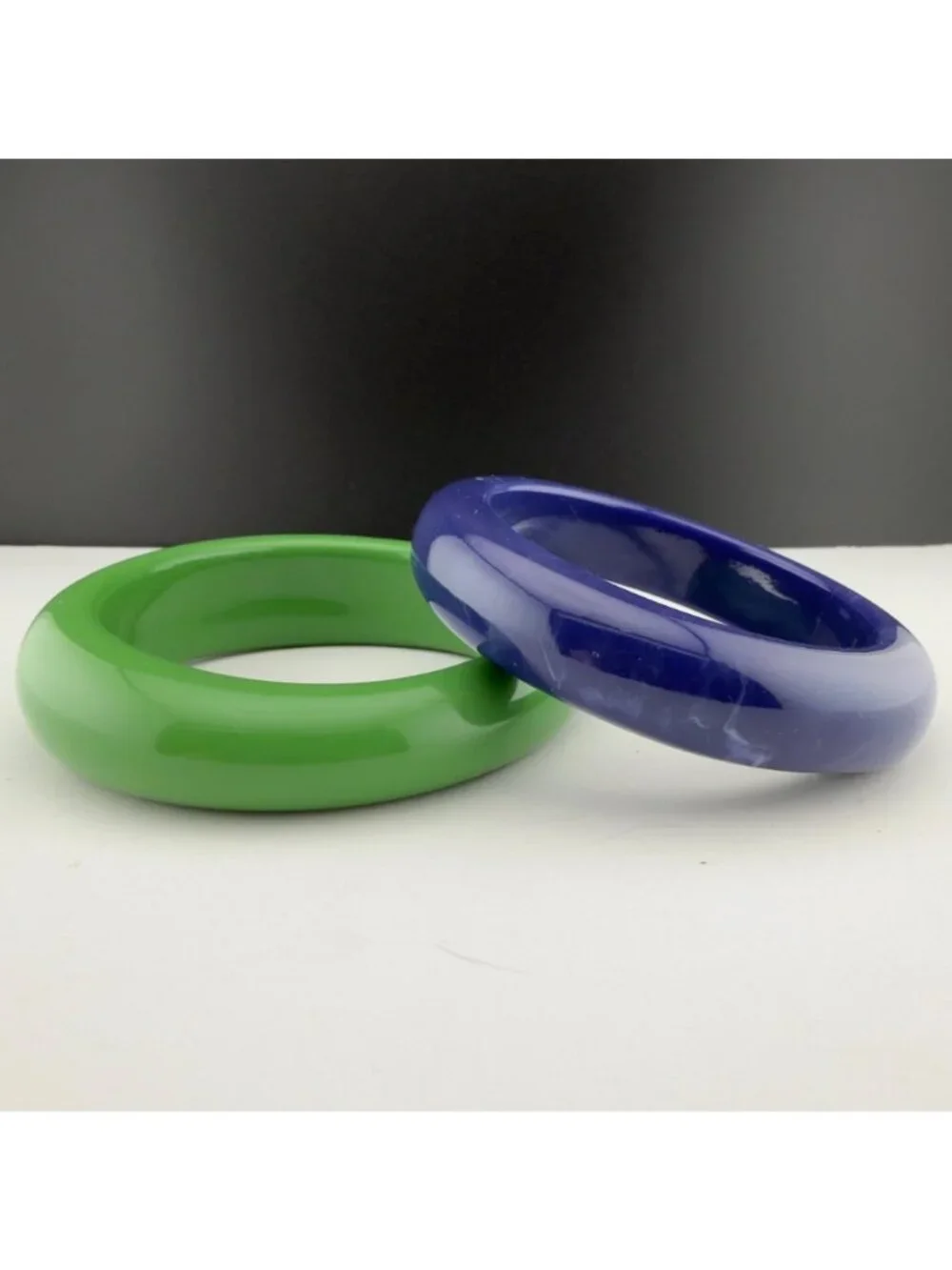 Vintage Lucite Green Blue Bangle Bracelet Set Chunky Acrylic Marbled Mid Century